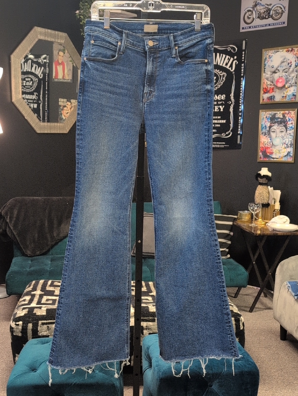 MOTHER The Doozy Sneak Fray Medium Blue High-Rise Flare Jeans with Raw Hem Flare